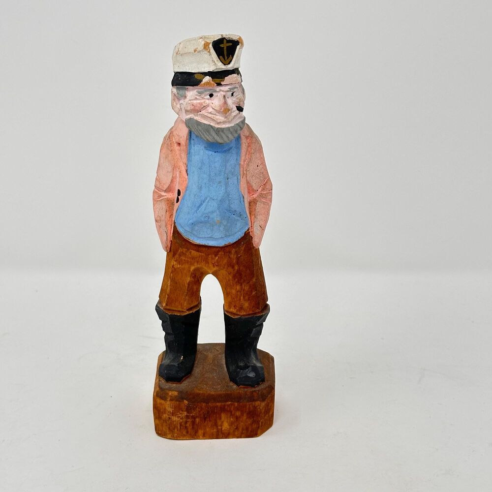 Vintage Hand-Carved Wooden Sea Captain Figurine – 8" Nautical Folk Art